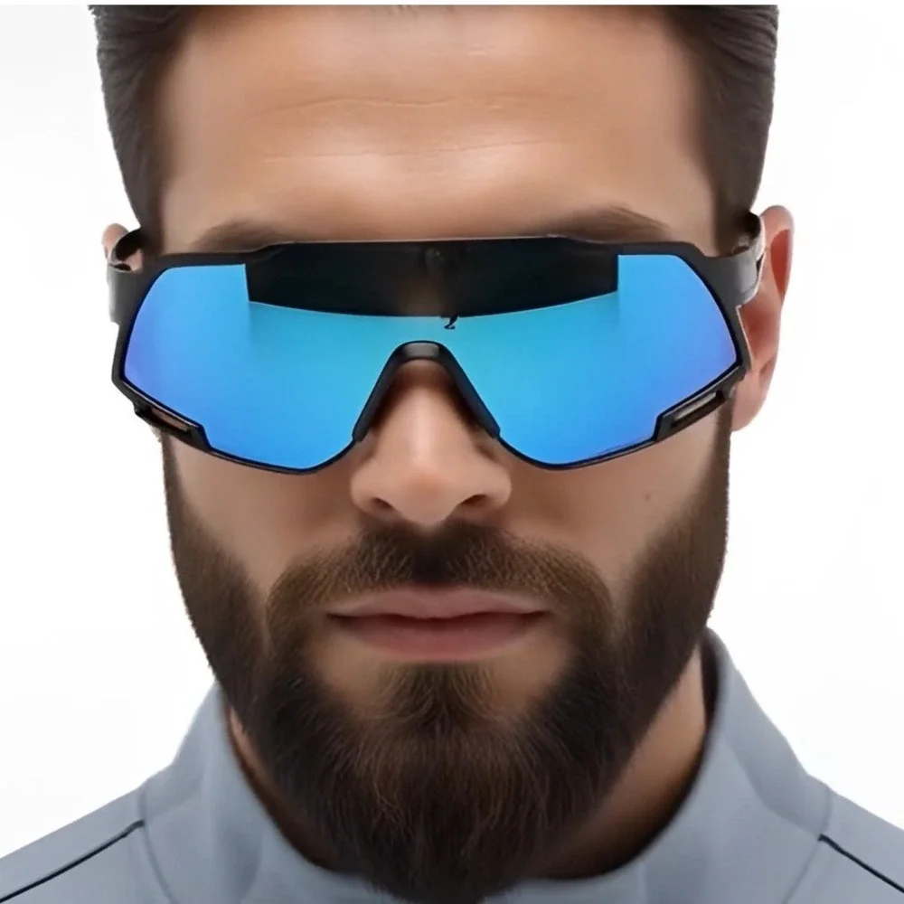 Sport Sunglasses Men Blue Mirror Lens Black‎ Frame UV400 Cycling Running Driving
